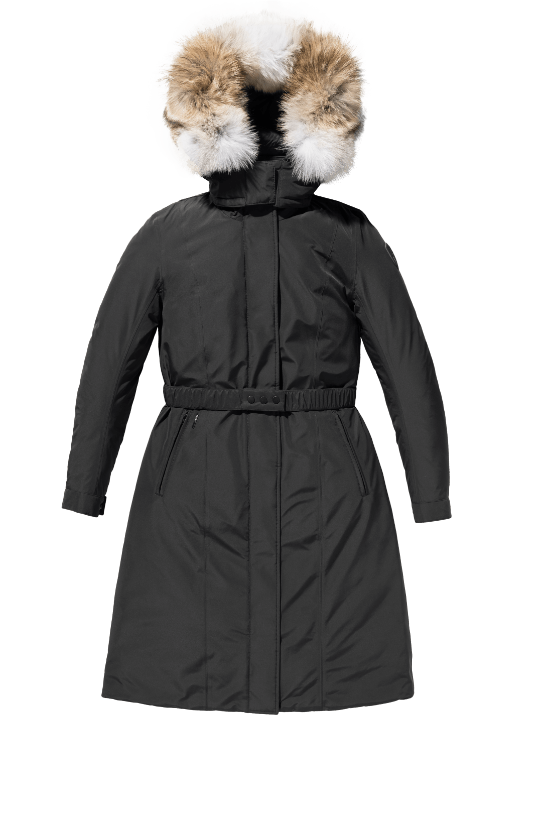 Celest Ladies Duster Parka in knee length, Canadian duck down insulation, removable hood and coyote fur trim, with adjustable belt, in Black