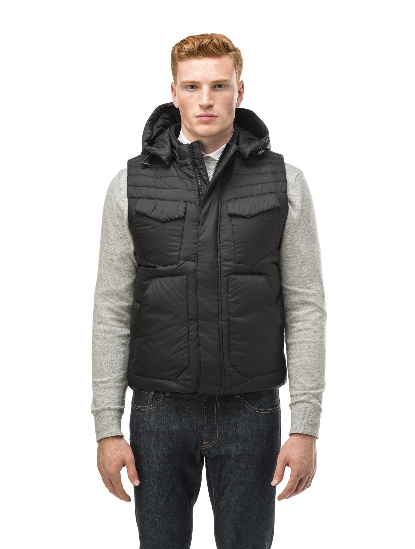 Men's lightweight vest with accents like our removable hood and chevron quilting in Black