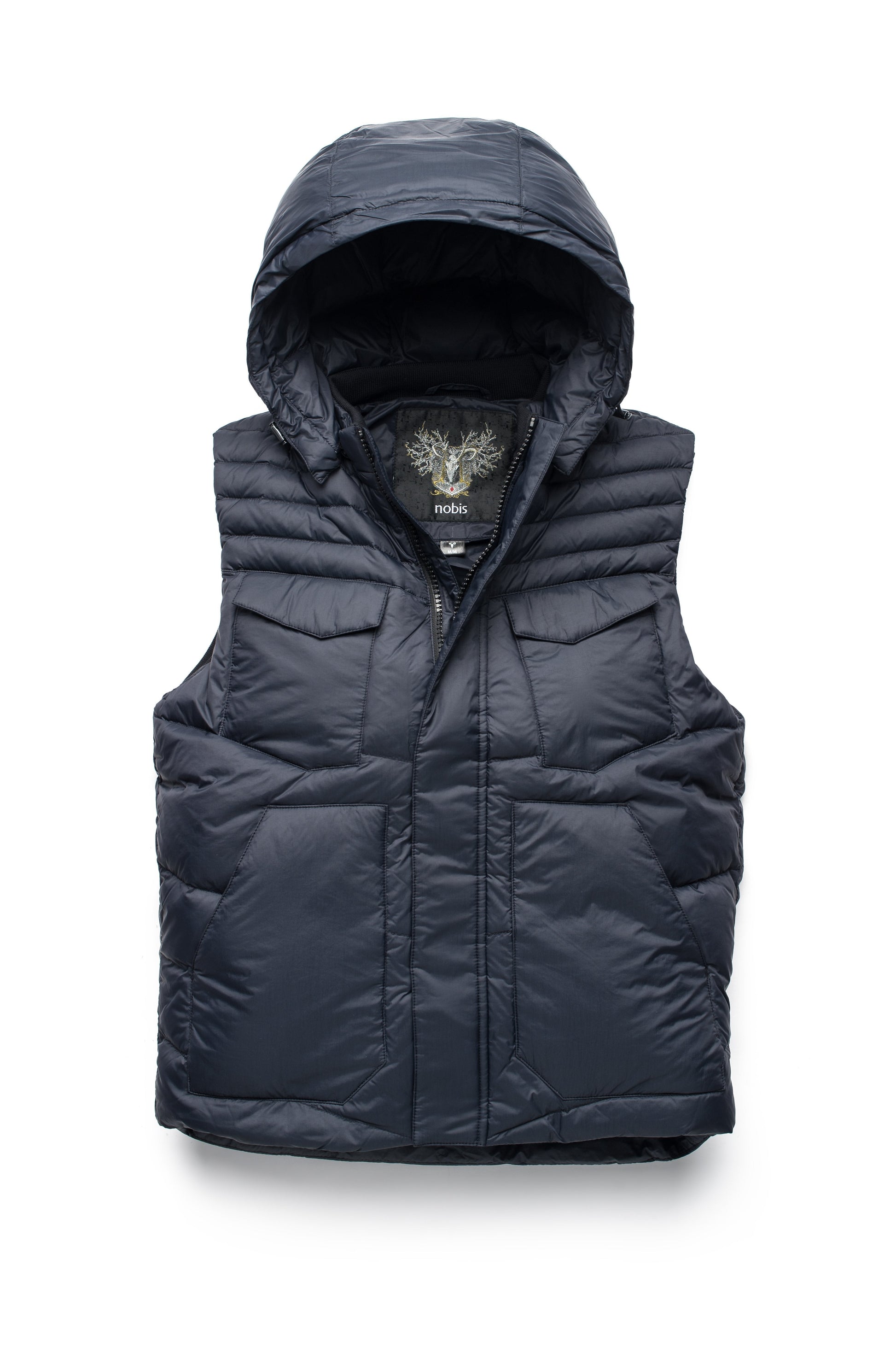 Men's lightweight vest with accents like our removable hood and chevron quilting in Navy