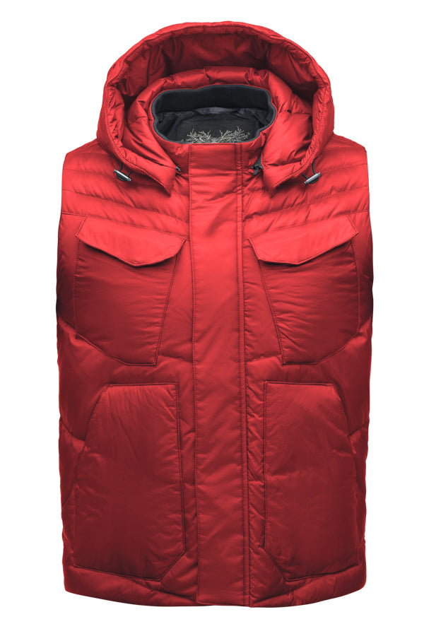 Men's lightweight vest with accents like our removable hood and chevron quilting in Red