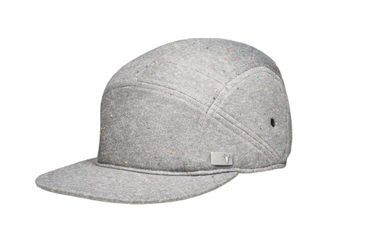 Unisex camp hat with metal plate branding on crown side in H. Charcoal