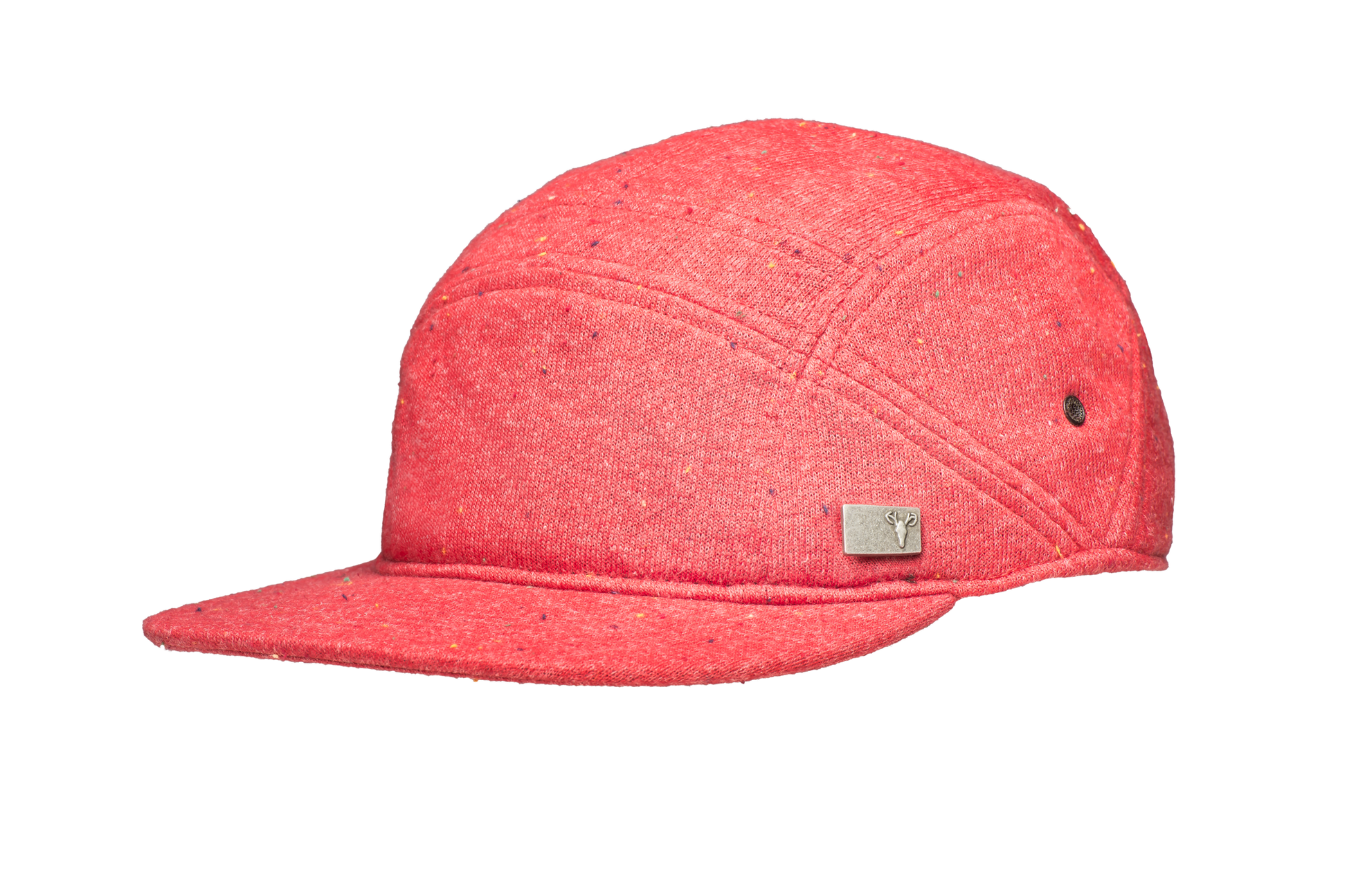 Unisex camp hat with metal plate branding on crown side in H. Red