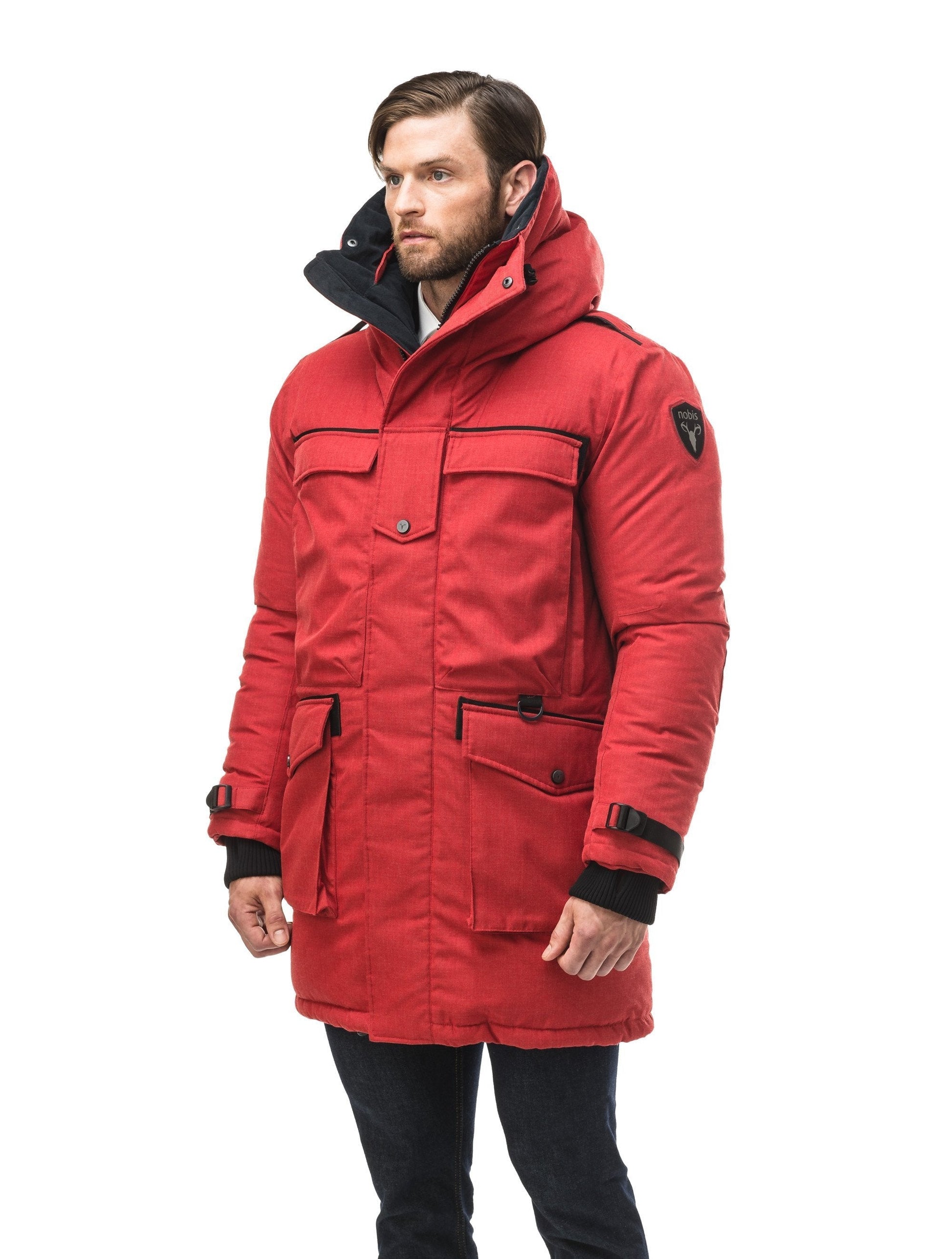 Men's extreme wamrth down filled parka with baffle box construction for even down distribution in H. Red