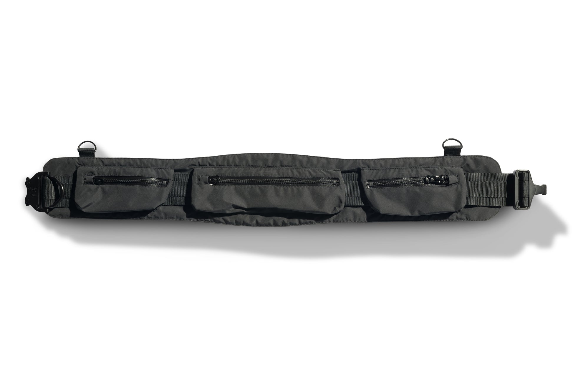 Cylar Unisex Tactical Modular Belt in 3-ply micro denier fabrication with DWR coating, cobra buckle closure with webbing straps, and three pockets with waterproof zippers, in Black