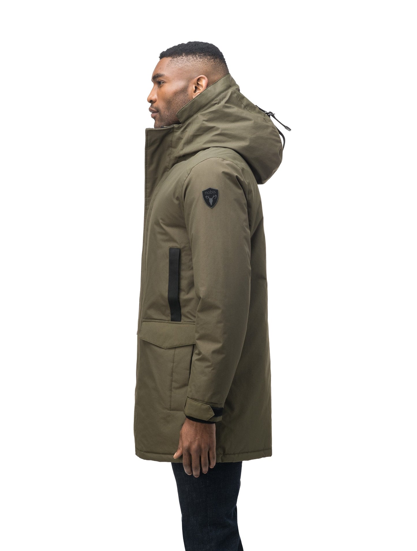 Lightweight men's parka with duck down fill and removable fur trim around the hood in Fatigue