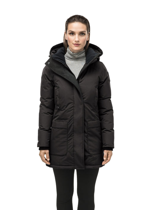 Women's hip length parka down-filled parka with a fur free hood in Black