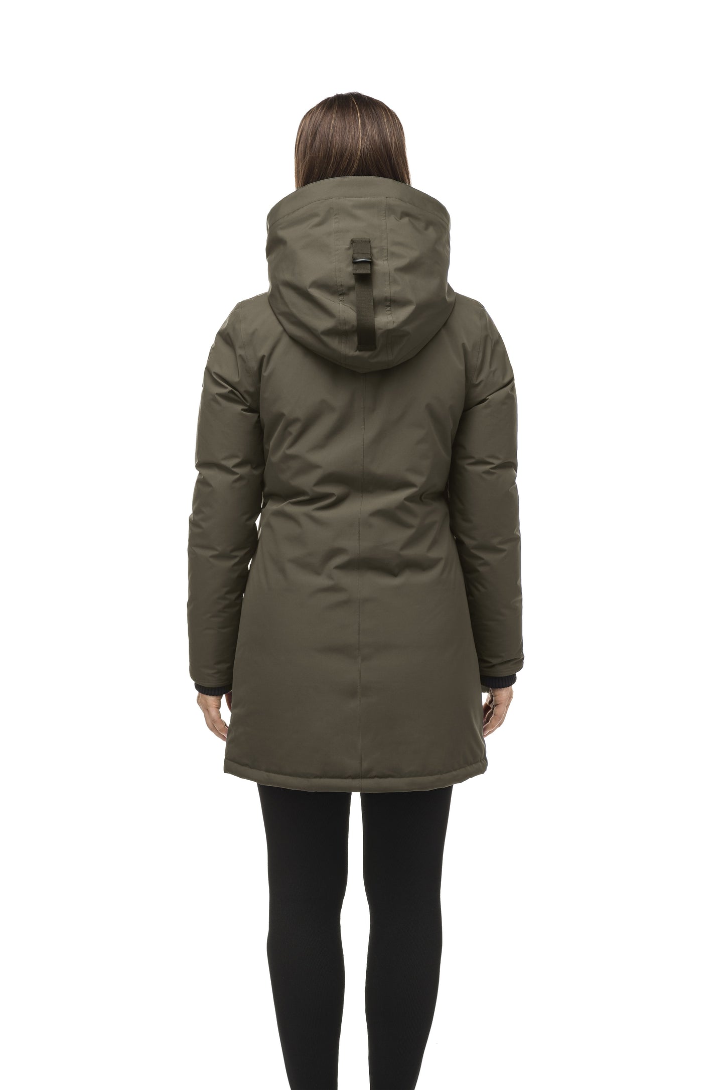 Women's hip length parka down-filled parka with a fur free hood in Fatigue