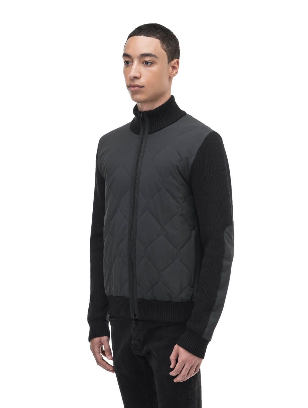 Ero Men's Tailored Hybrid Sweater in hip length, PrimaLoft Gold Insulation Active+, Durable 4-Way Stretch Weave quilted torso, Merino wool knit collar, sleeves, back, and cuffs, two-way front zipper, and hidden waist pockets, in Black
