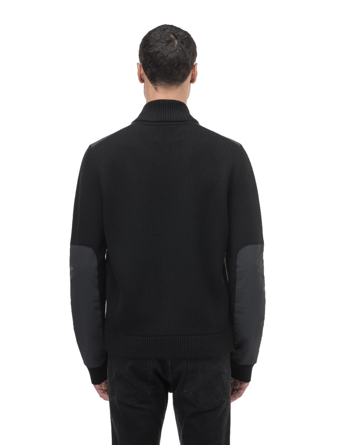 Ero Men's Tailored Hybrid Sweater in hip length, PrimaLoft Gold Insulation Active+, Durable 4-Way Stretch Weave quilted torso, Merino wool knit collar, sleeves, back, and cuffs, two-way front zipper, and hidden waist pockets, in Black