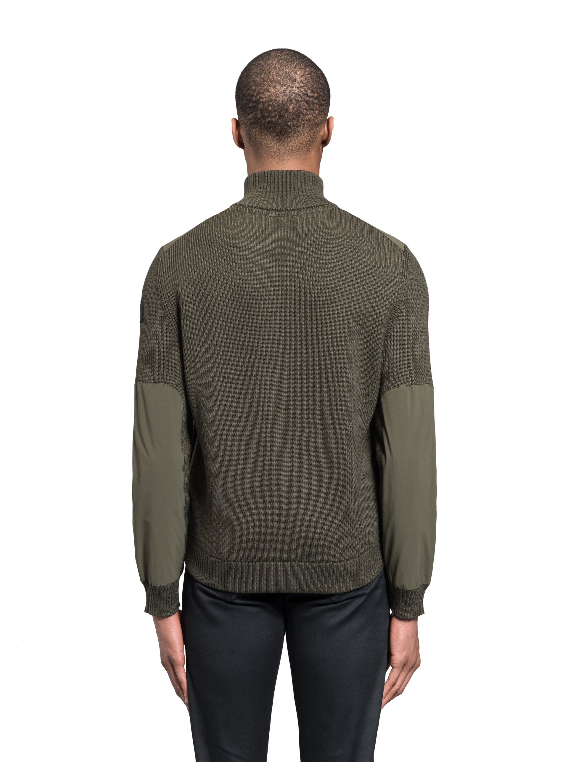 Ero Men's Tailored Hybrid Sweater in hip length, PrimaLoft Gold Insulation Active+, Durable 4-Way Stretch Weave quilted torso, Merino wool knit collar, sleeves, back, and cuffs, two-way front zipper, and hidden waist pockets, in Fatigue