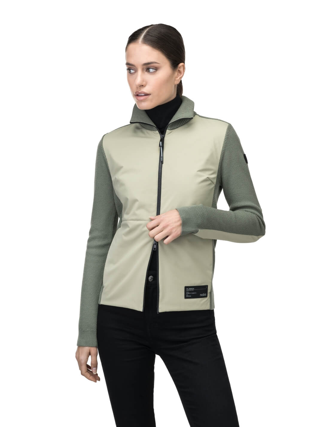 Evo Ladies Performance Full Zip Sweater in hip length, Primaloft Gold Insulation Active+, Merion wool knit collar, sleeves, back, and cuffs, two-way front zipper, and hidden waist pockets, in Clover