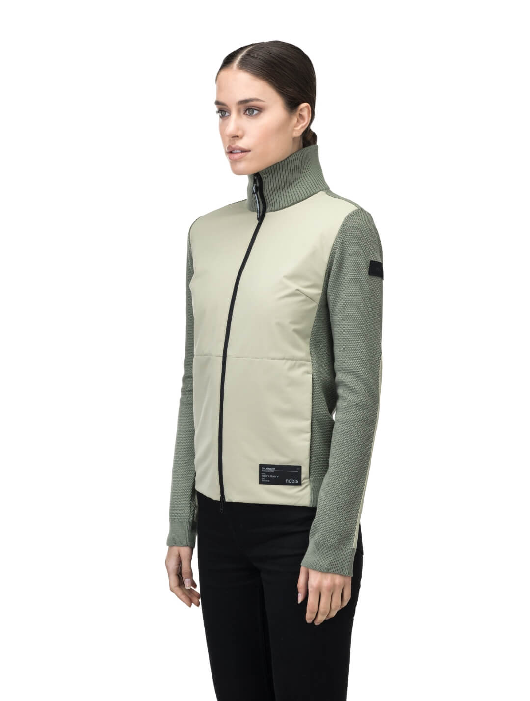 Evo Ladies Performance Full Zip Sweater in hip length, Primaloft Gold Insulation Active+, Merion wool knit collar, sleeves, back, and cuffs, two-way front zipper, and hidden waist pockets, in Clover