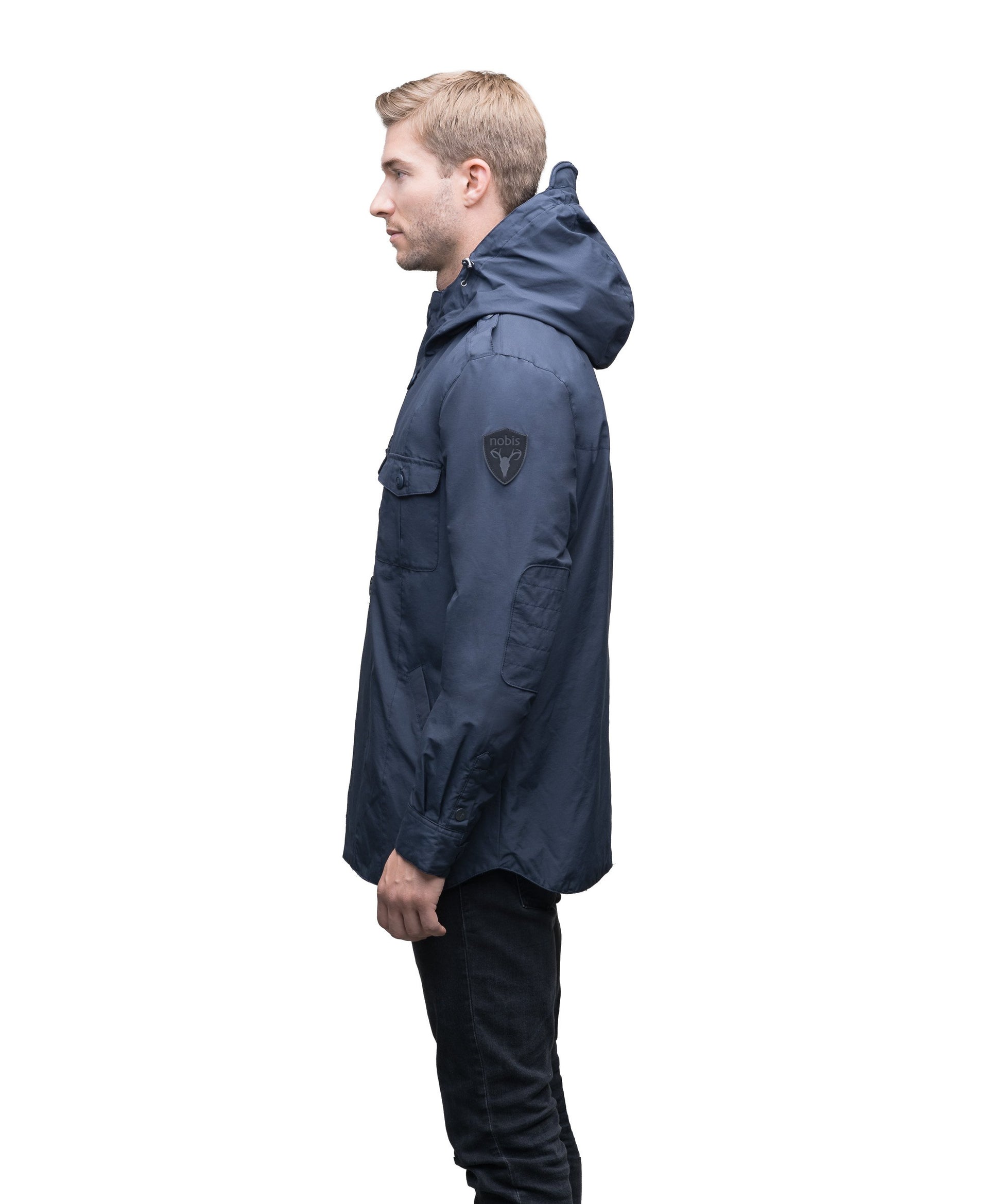 Men's hooded shirt jacket with patch chest pockets in Navy