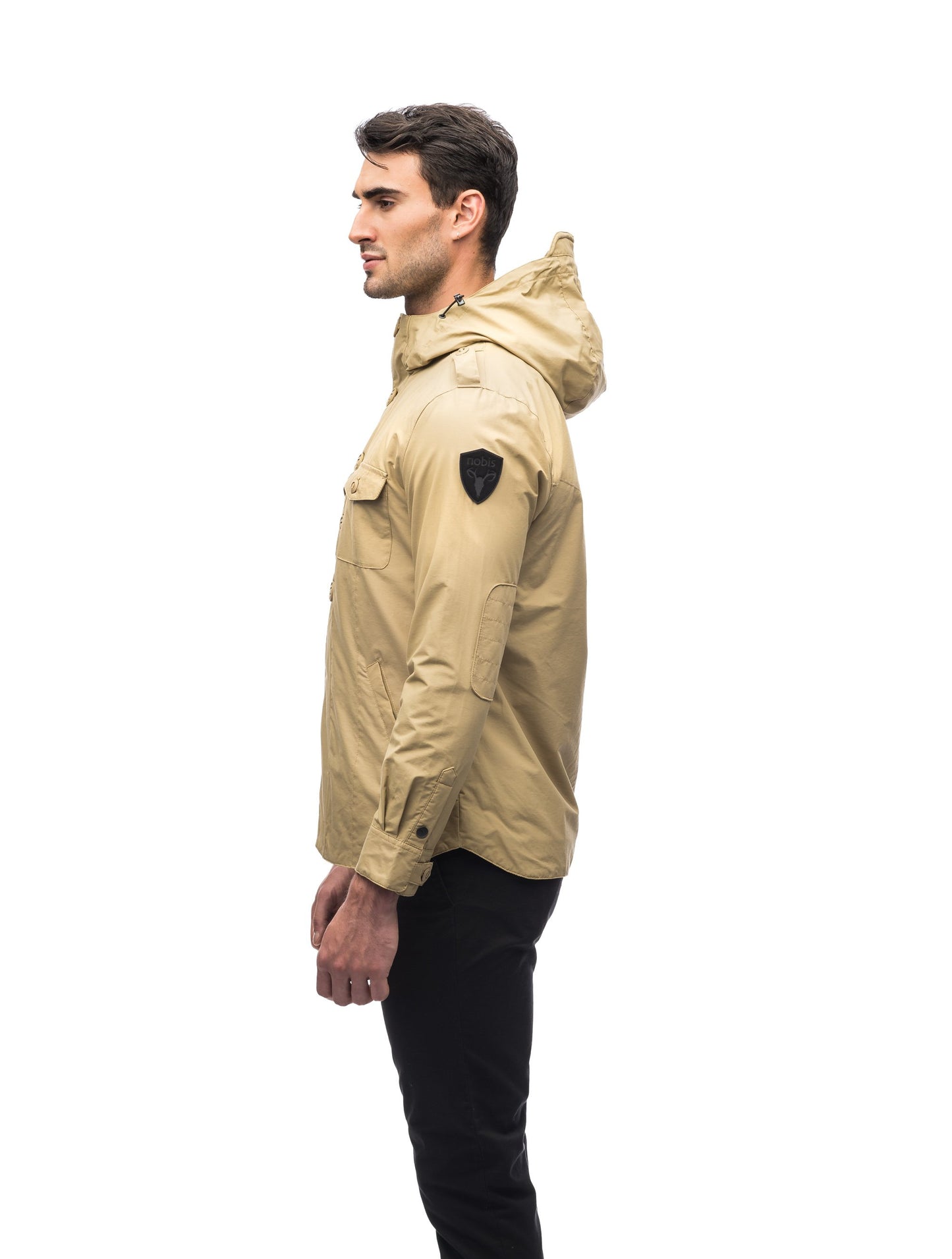 Men's hooded shirt jacket with patch chest pockets in Tan