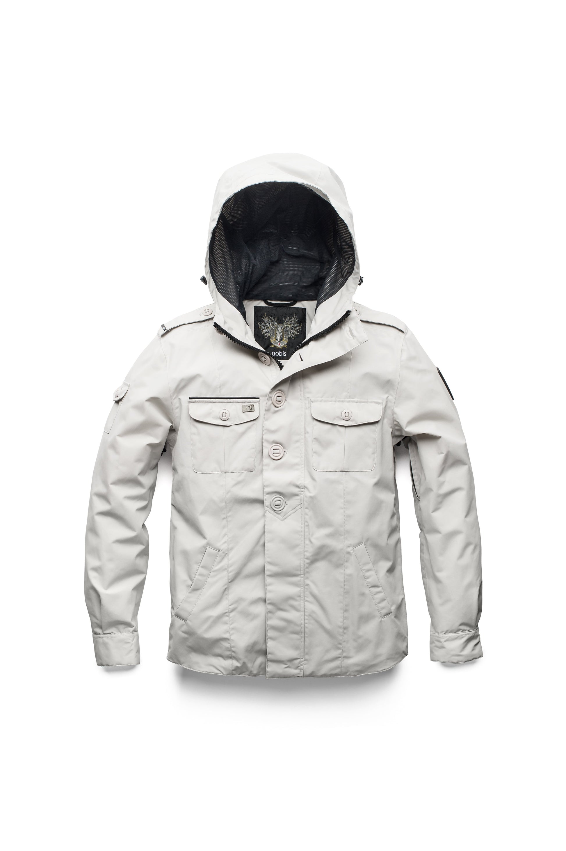 Men's hooded shirt jacket with patch chest pockets in Light Grey