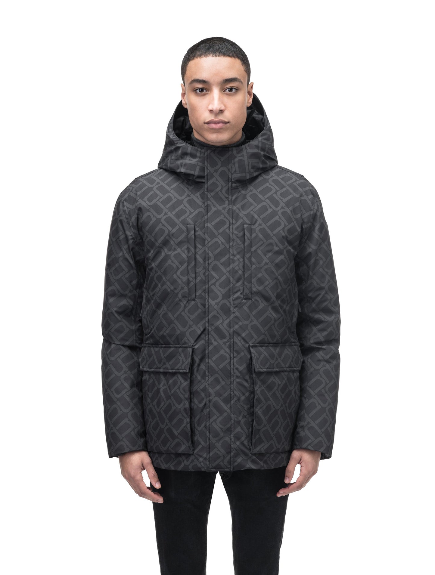 Geo Men's Short Parka in hip length, Canadian duck down insulation, non-removable hood, and two-way zipper, in Dark Monogram