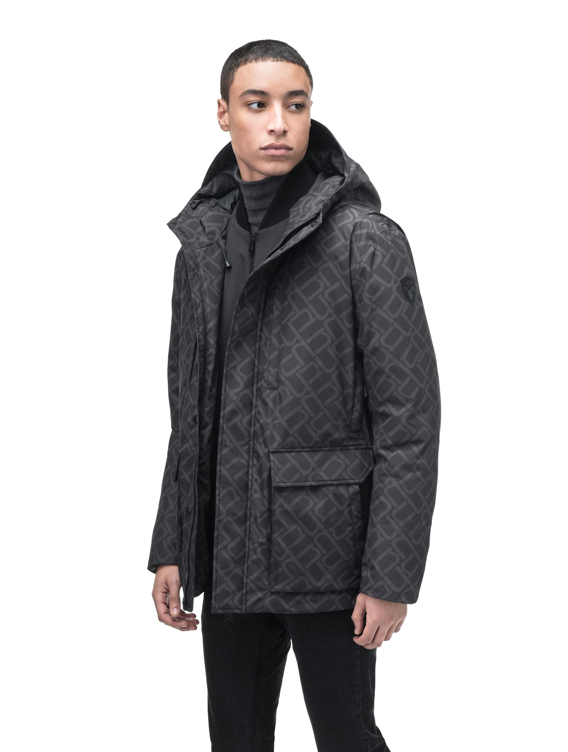 Geo Men's Short Parka in hip length, Canadian duck down insulation, non-removable hood, and two-way zipper, in Dark Monogram