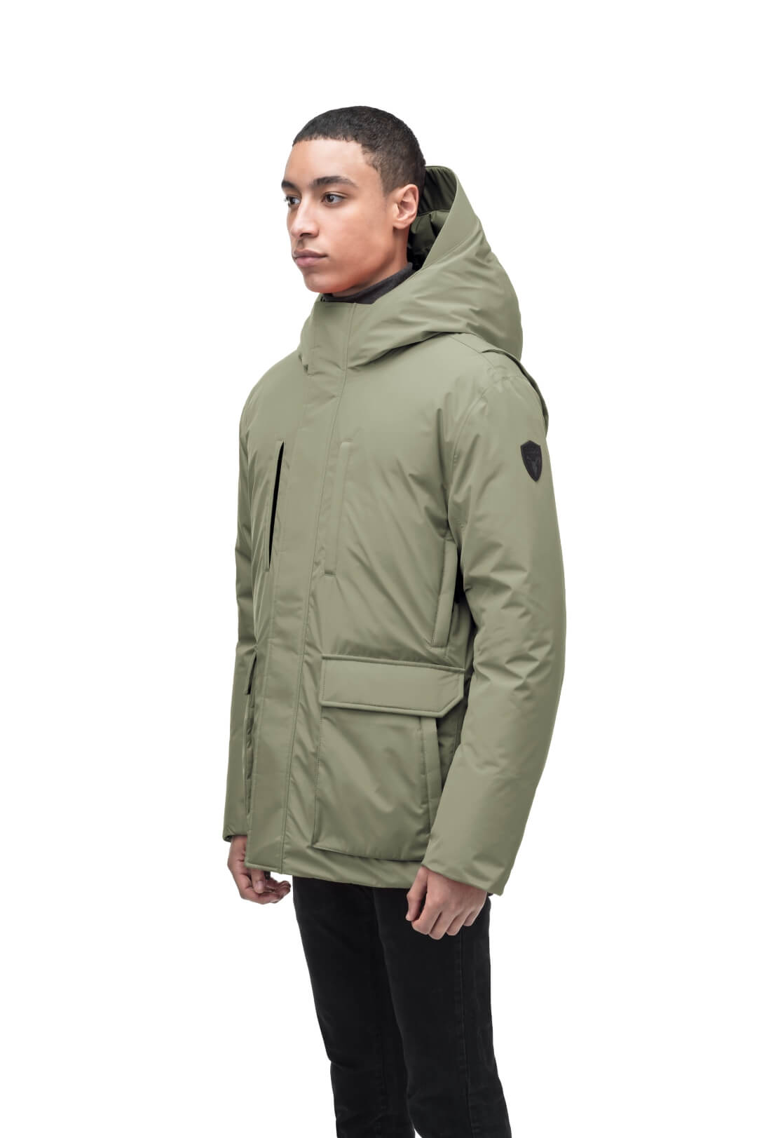Geo Men's Short Parka in hip length, Canadian duck down insulation, non-removable hood, and two-way zipper, in Clover
