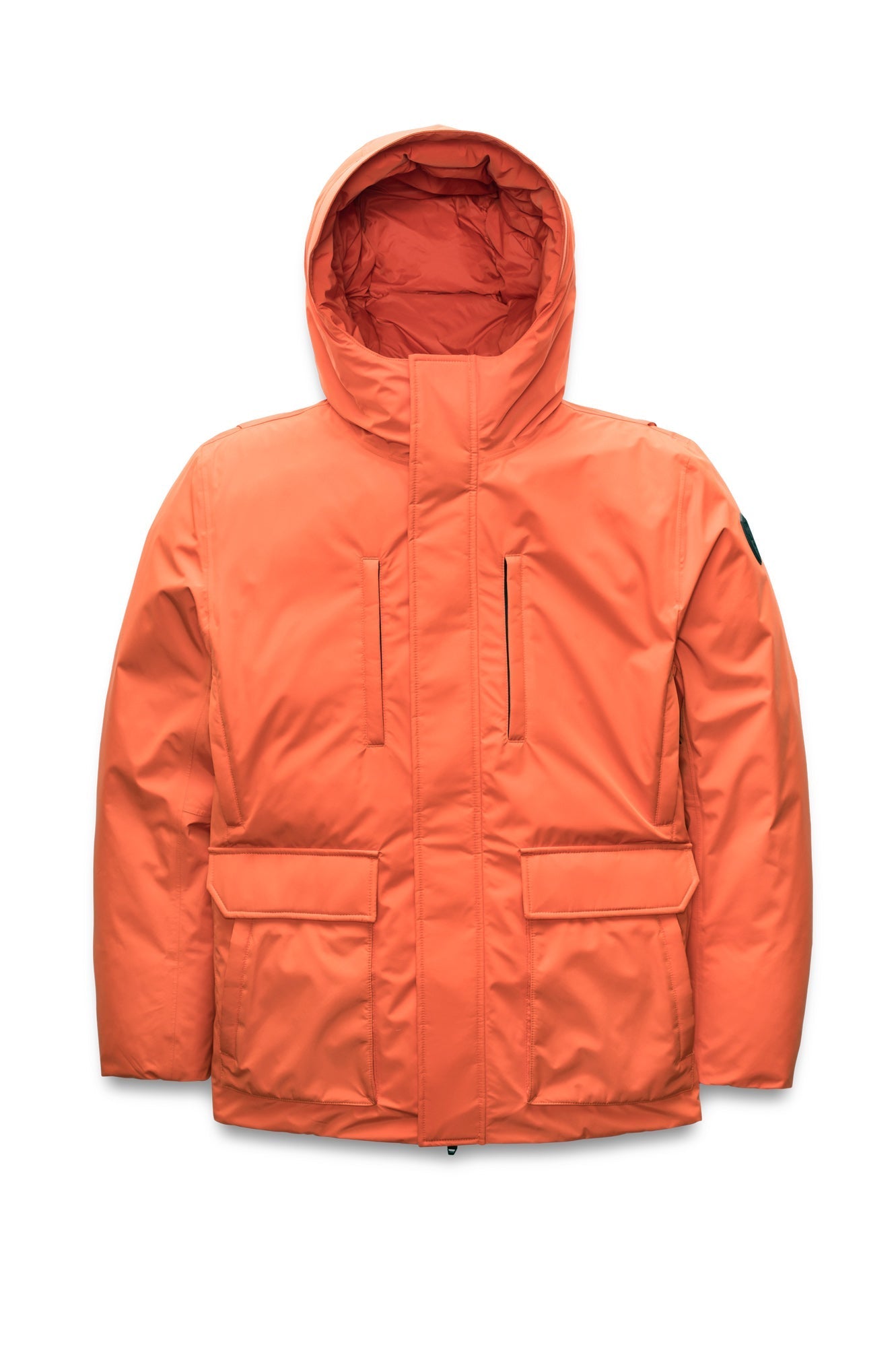 Geo Men's Short Parka in hip length, Canadian duck down insulation, non-removable hood, and two-way zipper, in Terracotta