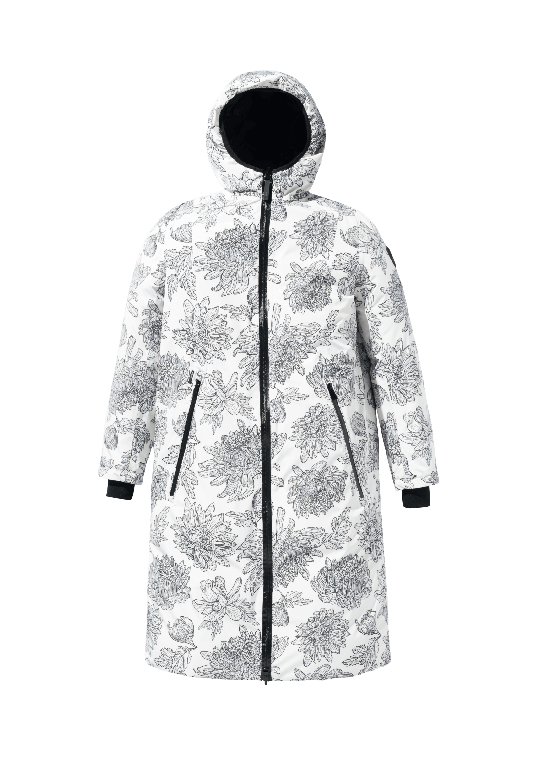 Ladies knee length reversible down-filled parka with non-removable hood in White Floral