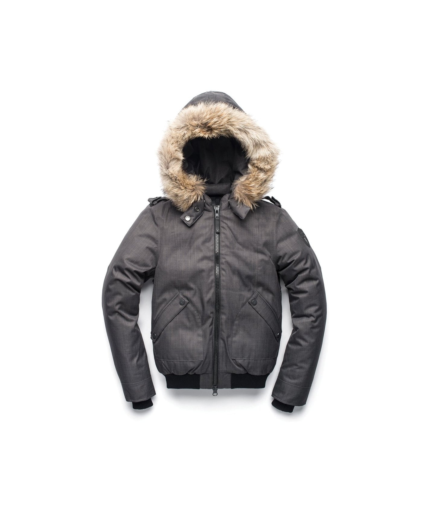 Women's bomber style down filled jacket with a removable hood and fur trim in CH Steel Grey