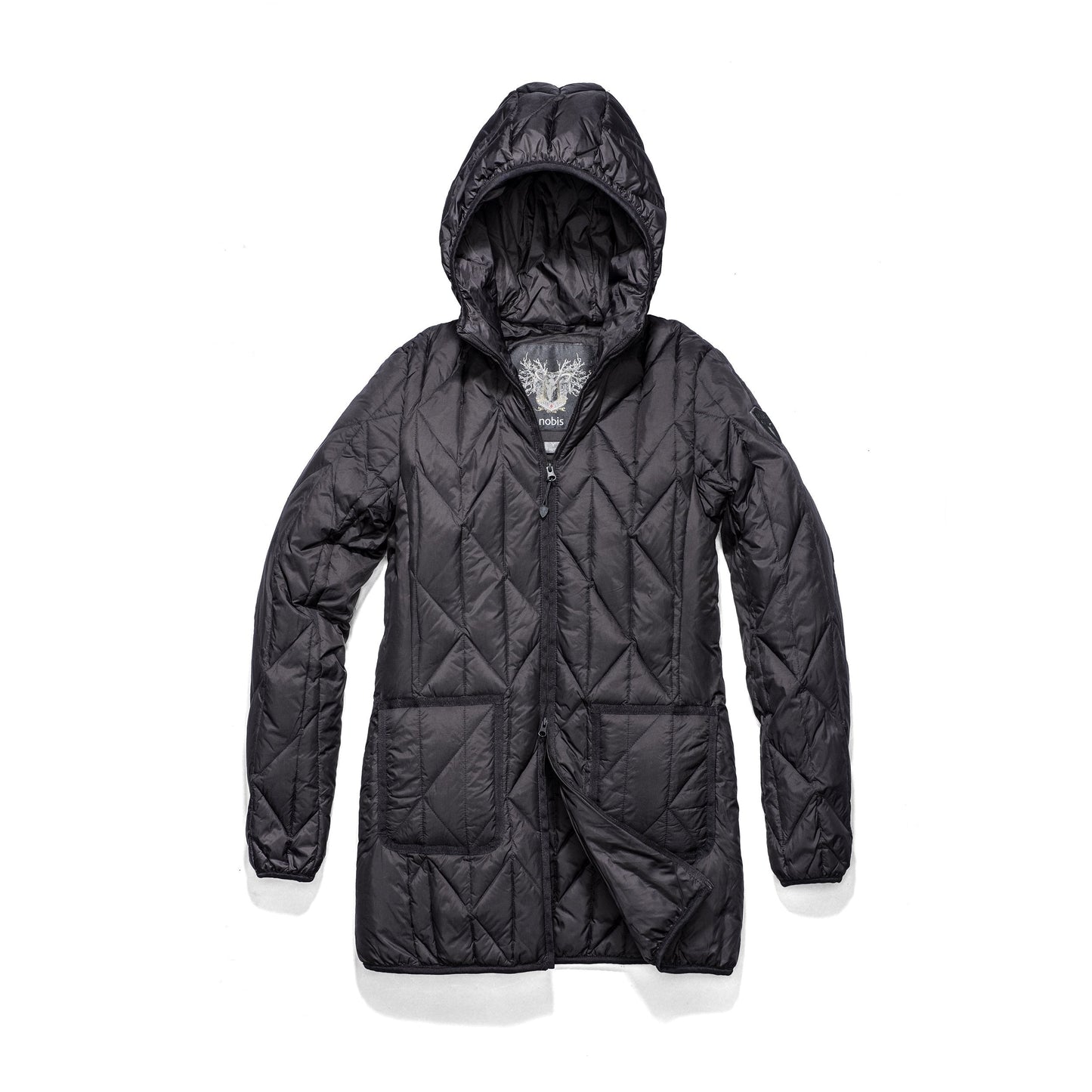 Women's down filled lightweight jacket with fishbone quilting and mid thigh silhouette in Black