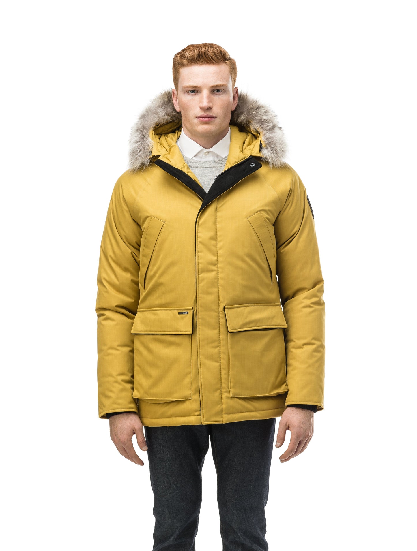 Men's waist length down filled jacket with two front pockets with magnetic closure and a removable fur trim on the hood in CH Yellow