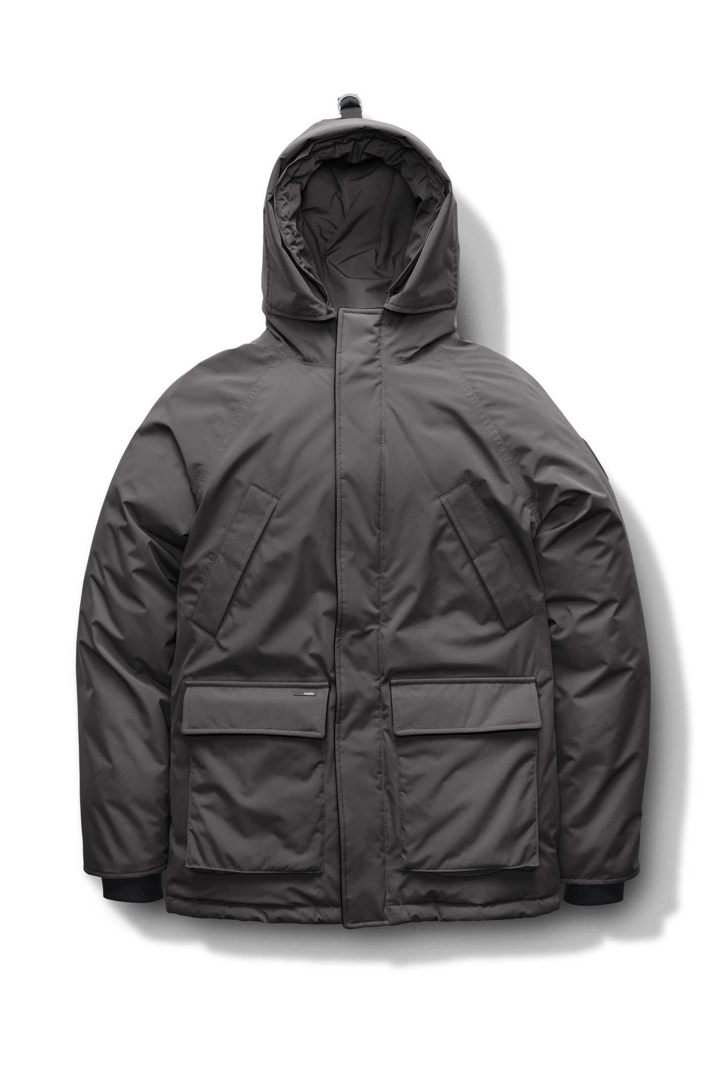 Heritage Furless Men's Parka in hip length, Canadian white duck down insulation, non-removable hood, front zipper with magnetic placket, chest hand warmer pockets, waist flap pockets, and elastic cuffs, in Steel Grey