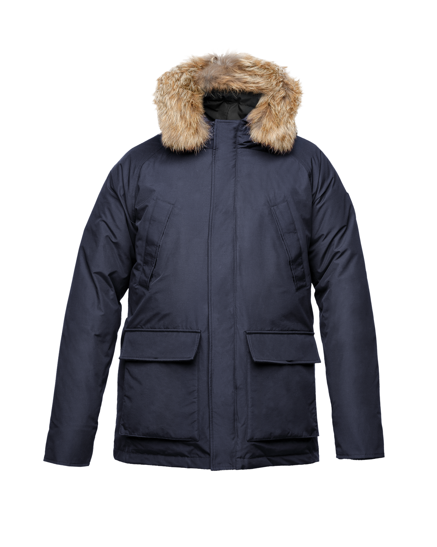 Men's waist length down filled jacket with two front pockets with magnetic closure and a removable fur trim on the hood in CH Navy