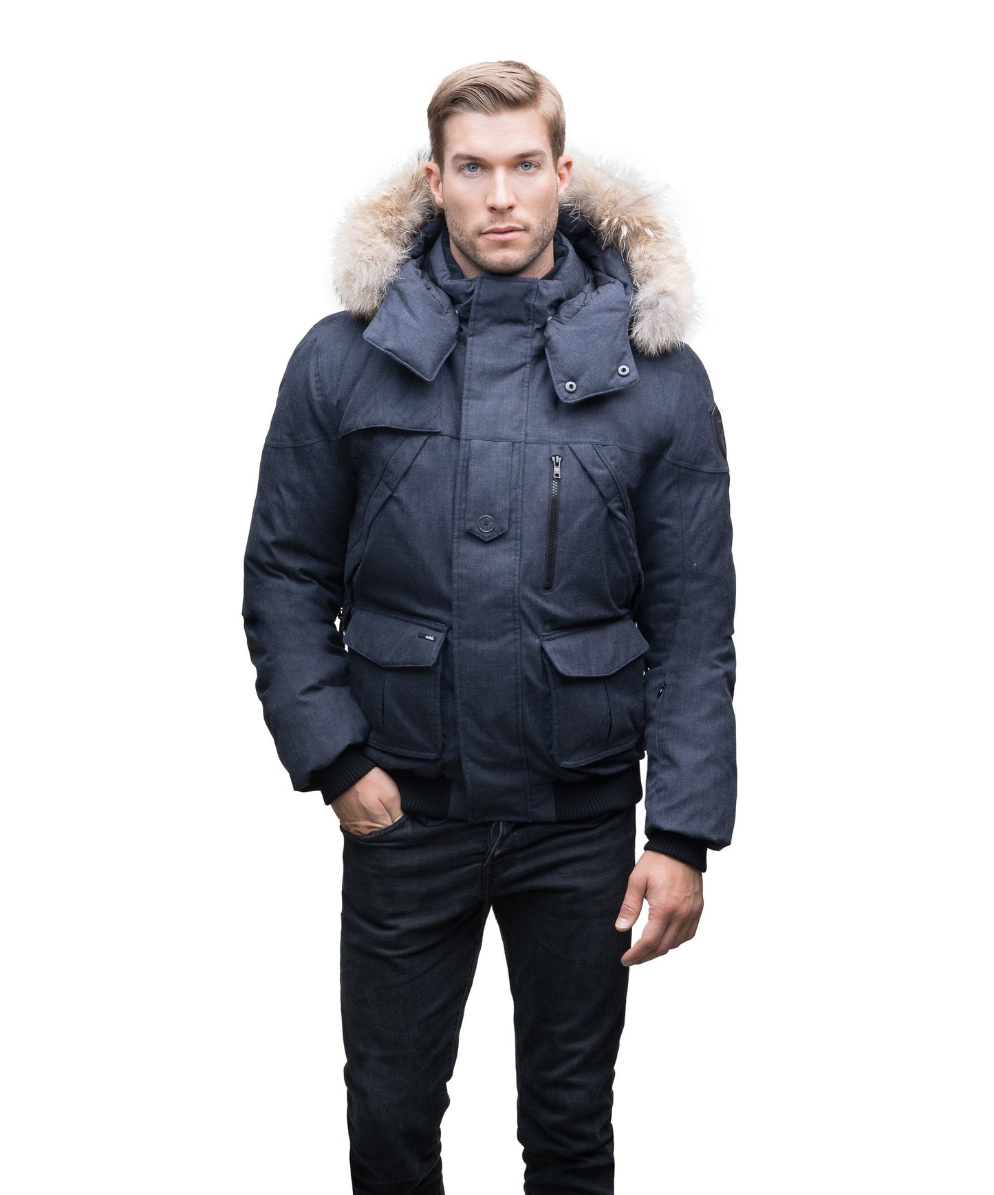 Men's classic down bomber with two patch pockets and a right shoulder storm flap in H. Navy