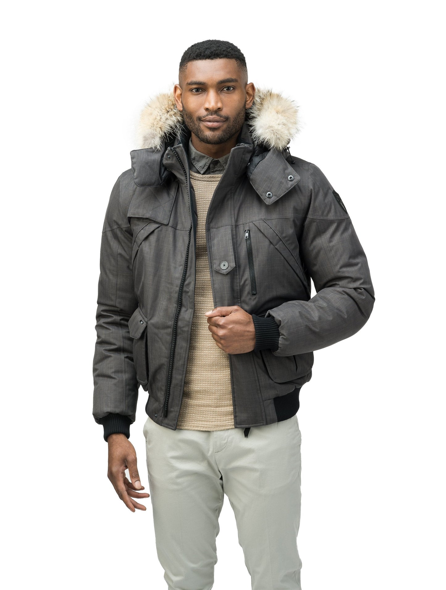 Men's classic down bomber with two patch pockets and a right shoulder storm flap in CH Steel Grey