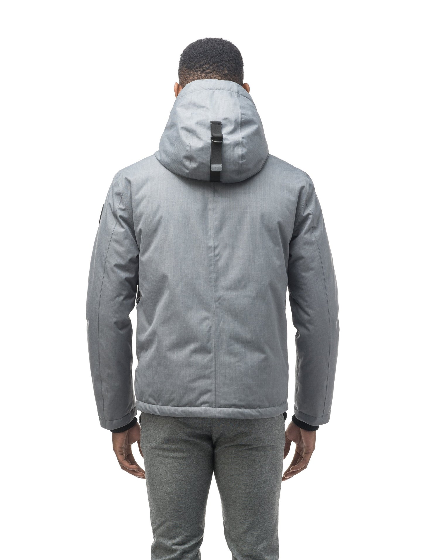 Men's waist length light down coat equipped with six exterior pockets and a hood in Concrete