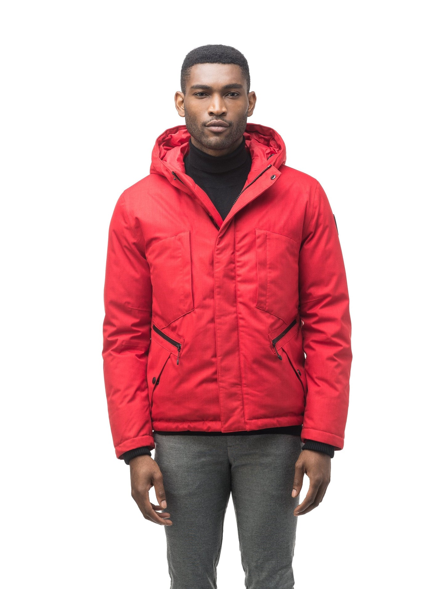 Men's waist length light down coat equipped with six exterior pockets and a hood in Red