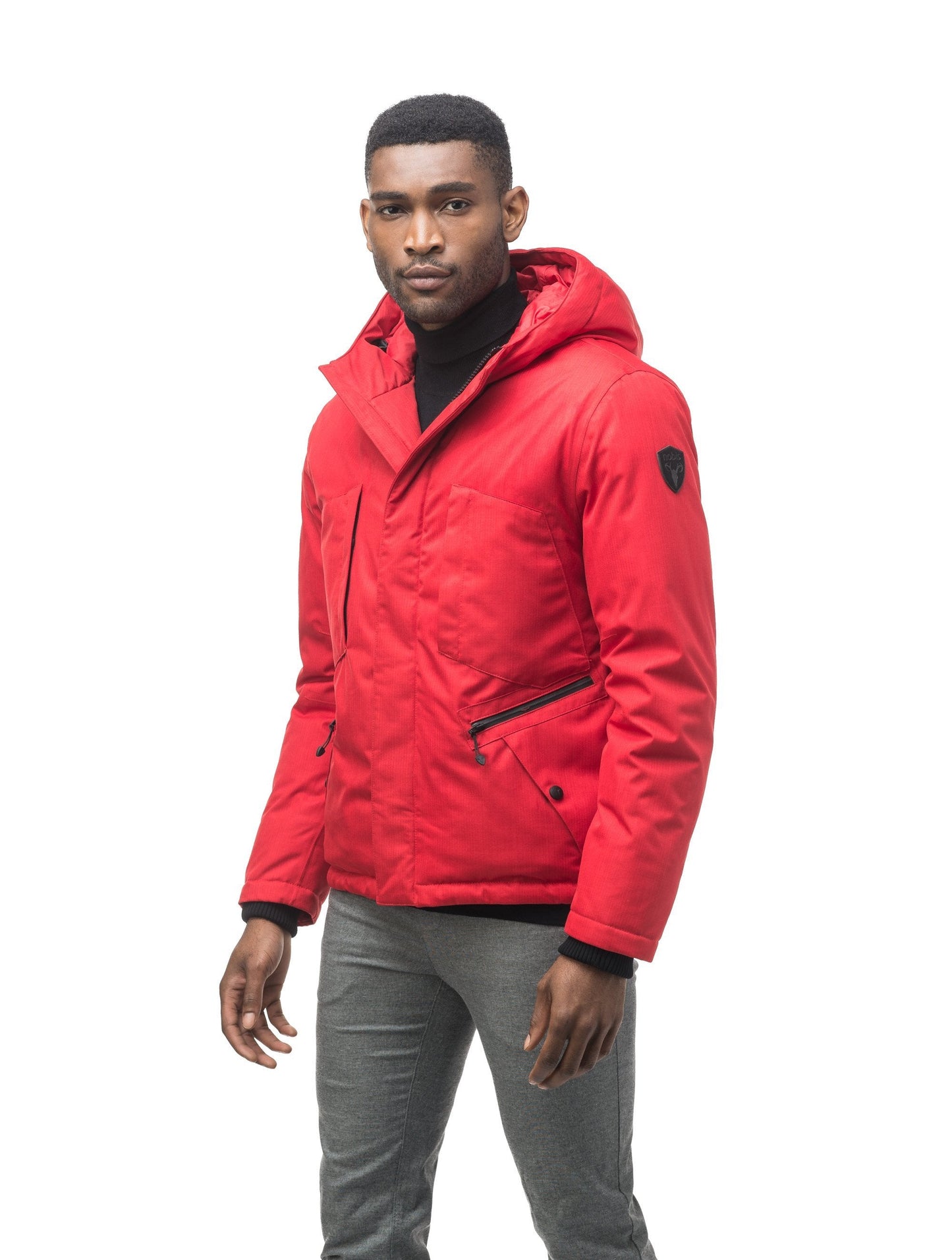 Men's waist length light down coat equipped with six exterior pockets and a hood in Red