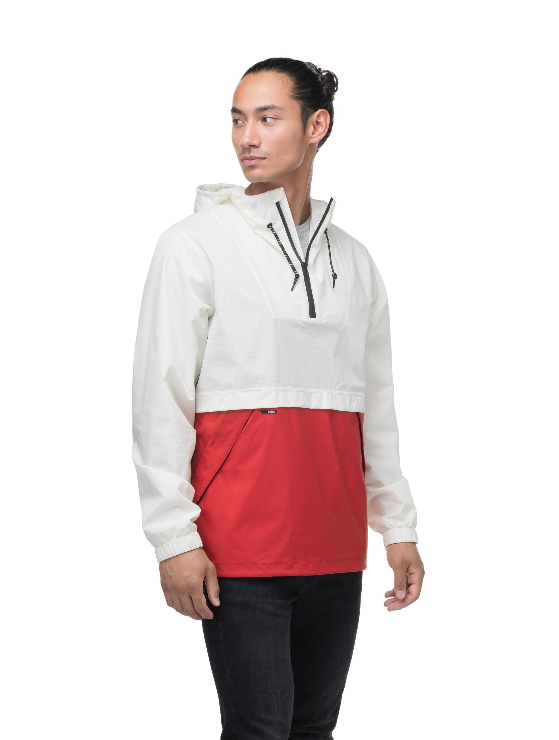 Men's hip length hooded pullover anorak with zipper at collar in Chalk/Vermillion