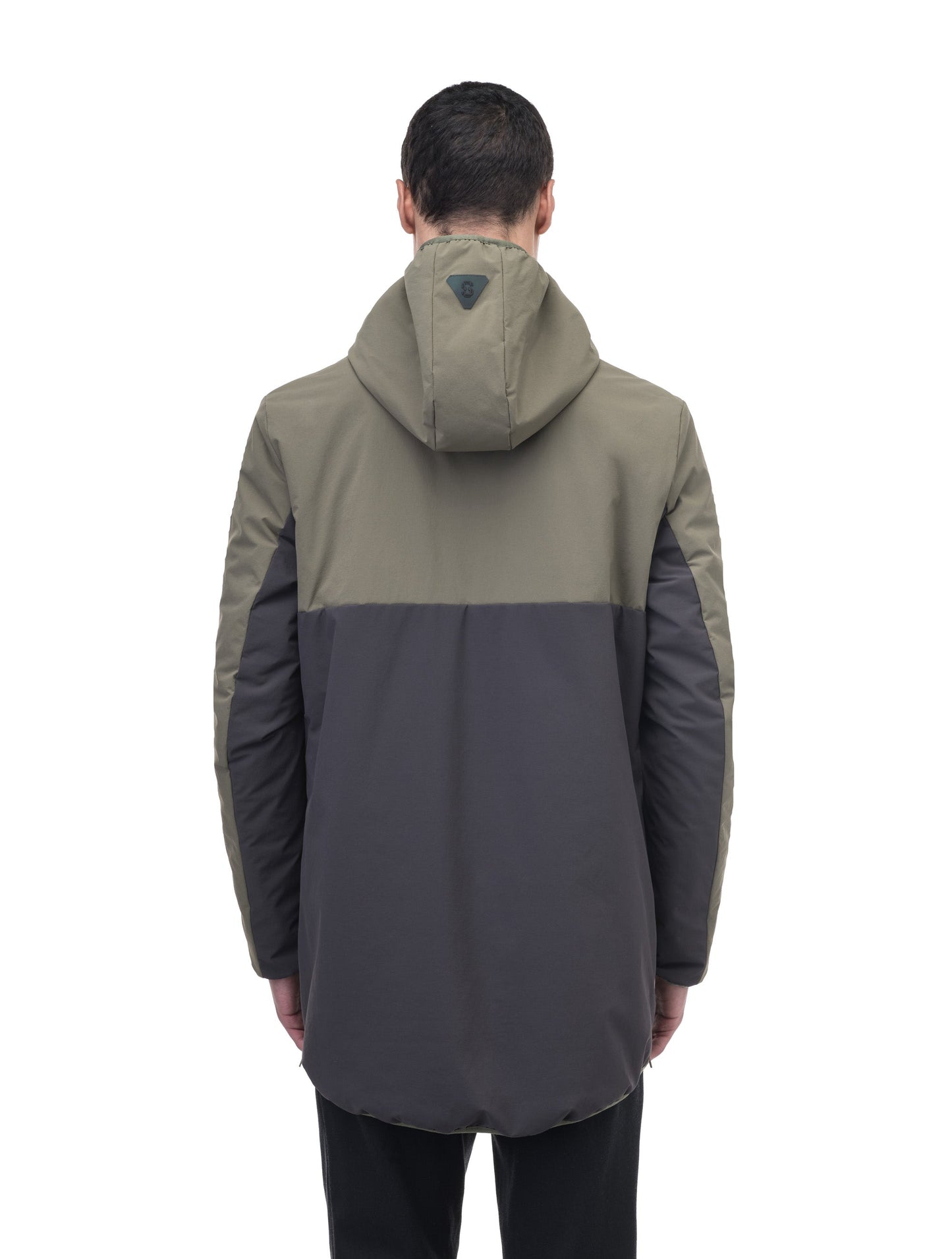 Unisex thigh length hooded anorak with vertical zipper along collar, side zippers along torso, and centre zipper pouch with a reflective flap, in Dusty Olive/Licorice