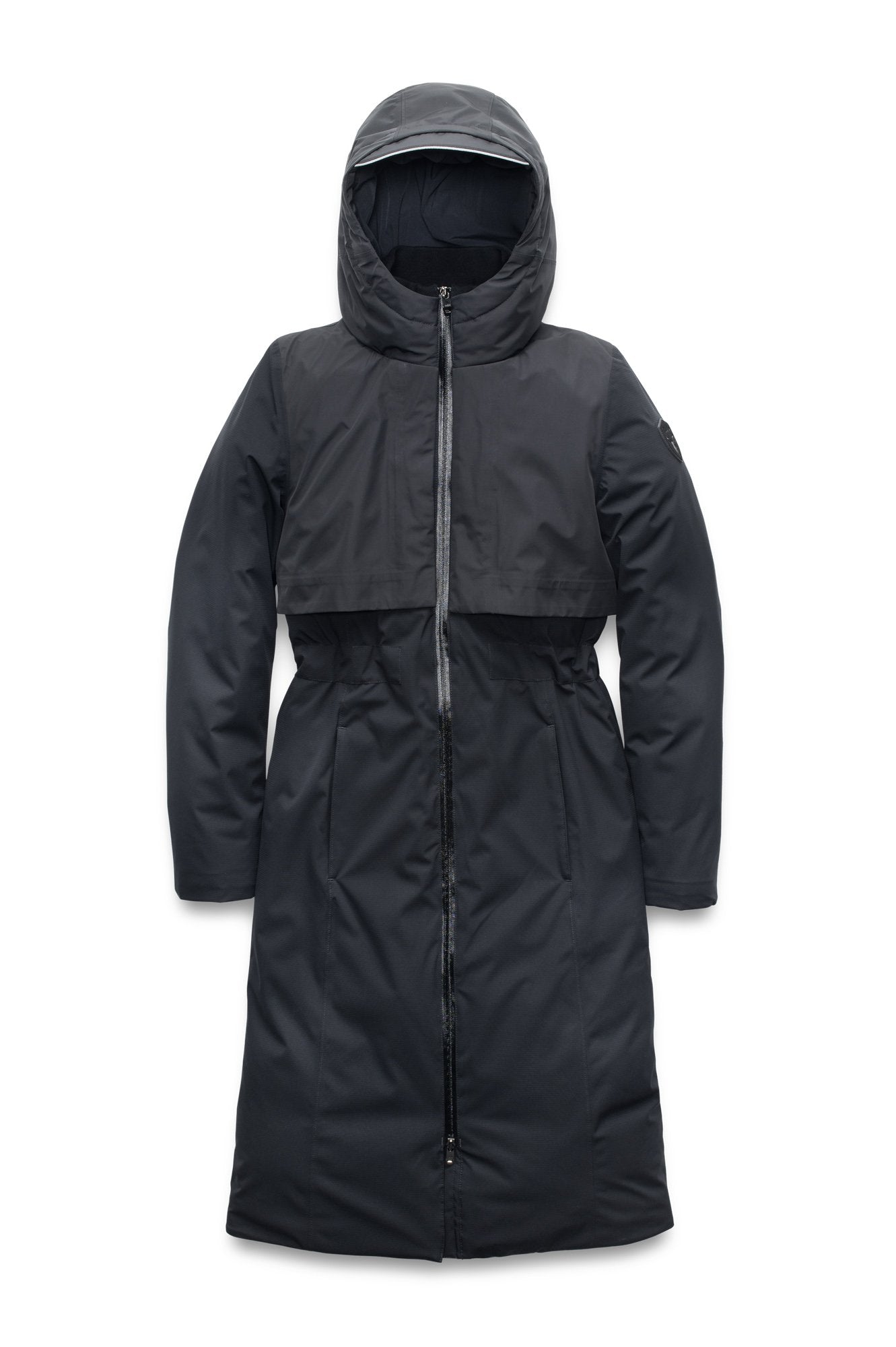 Iris Ladies Long Parka in below the knee length, Canadian duck down insulation, non-removable hood, and two-way zipper, in Black