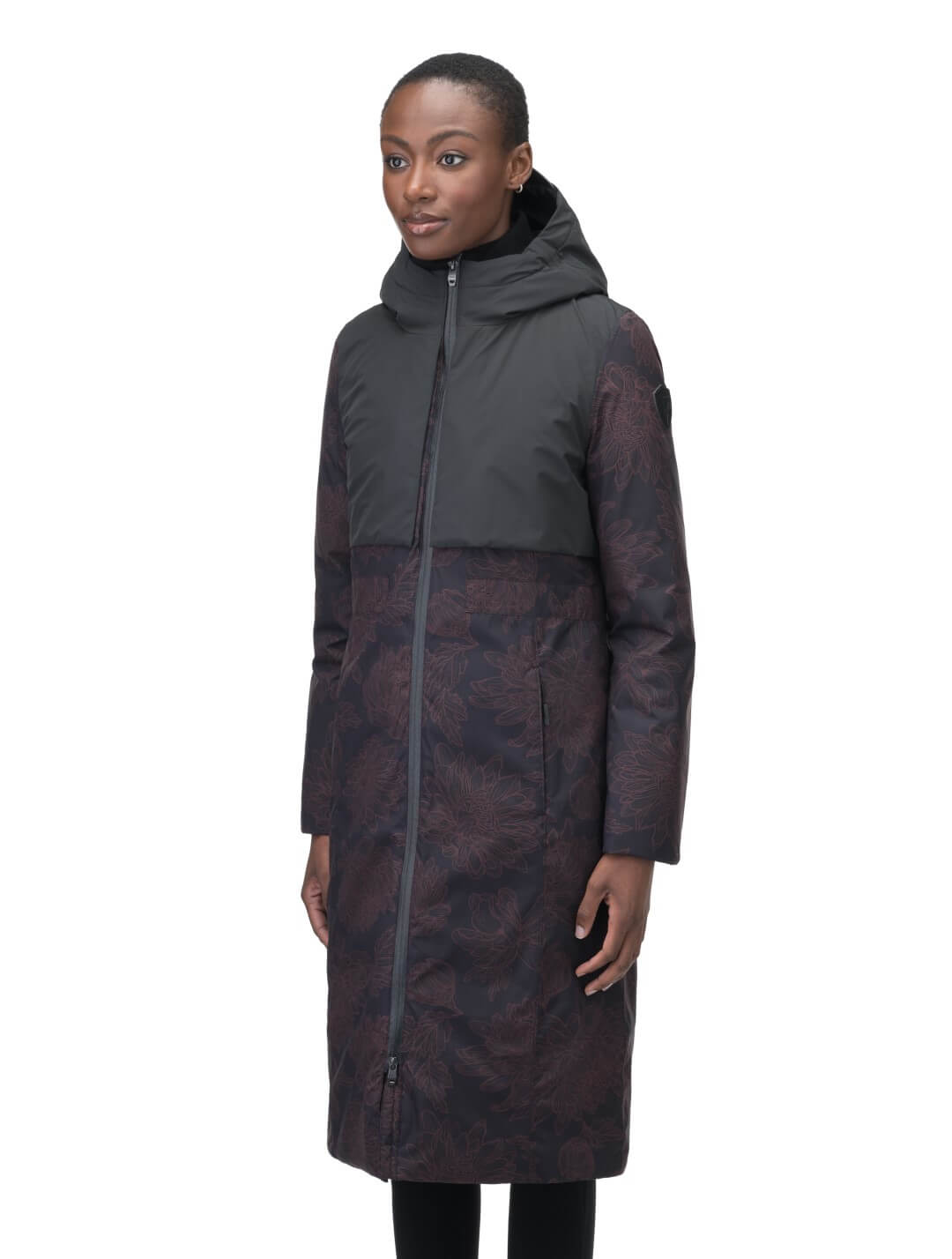 Iris Ladies Long Parka in below the knee length, Canadian duck down insulation, non-removable hood, and two-way zipper, in Dark Floral