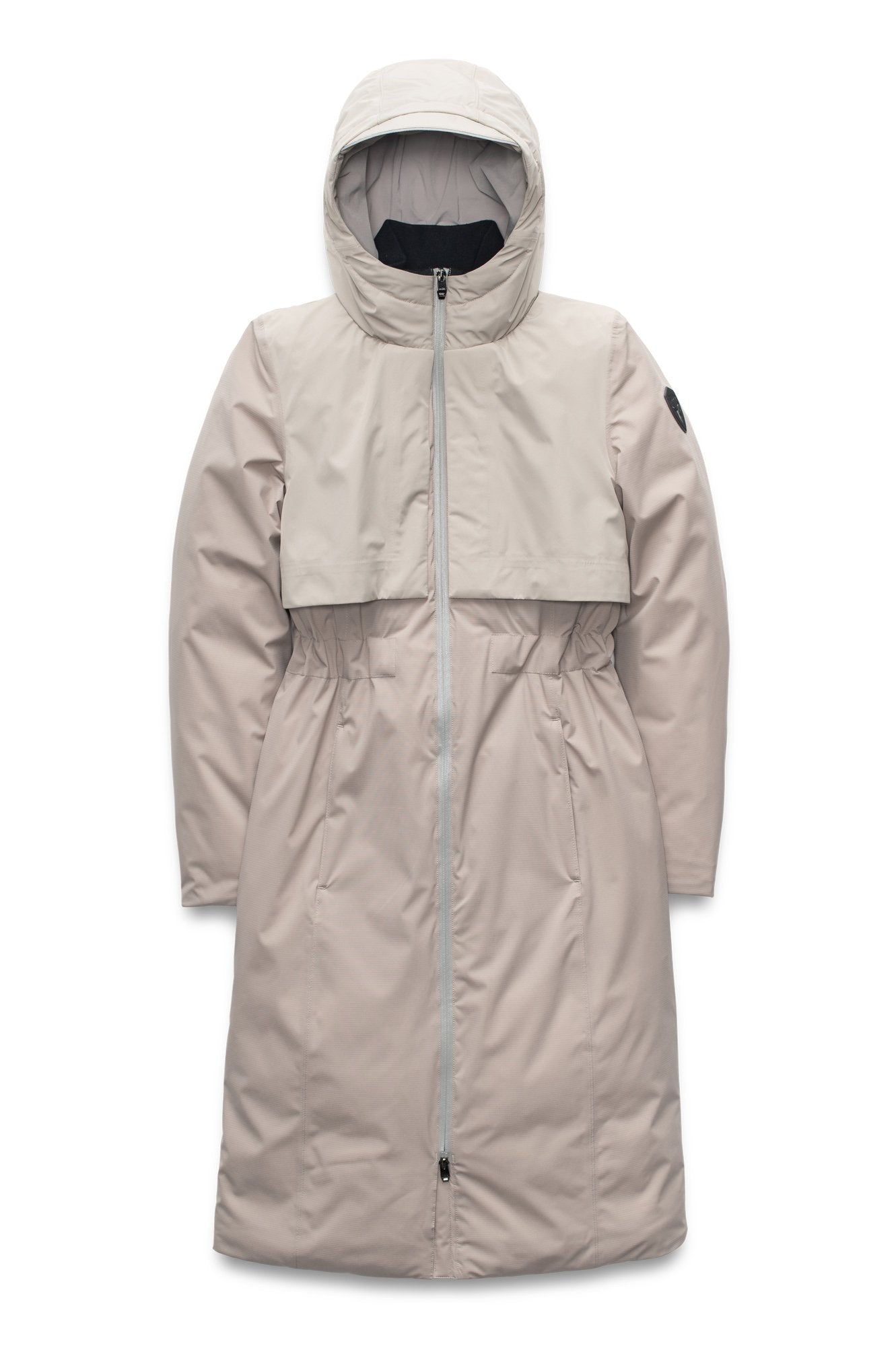 Iris Ladies Long Parka in below the knee length, Canadian duck down insulation, non-removable hood, and two-way zipper, in Clay