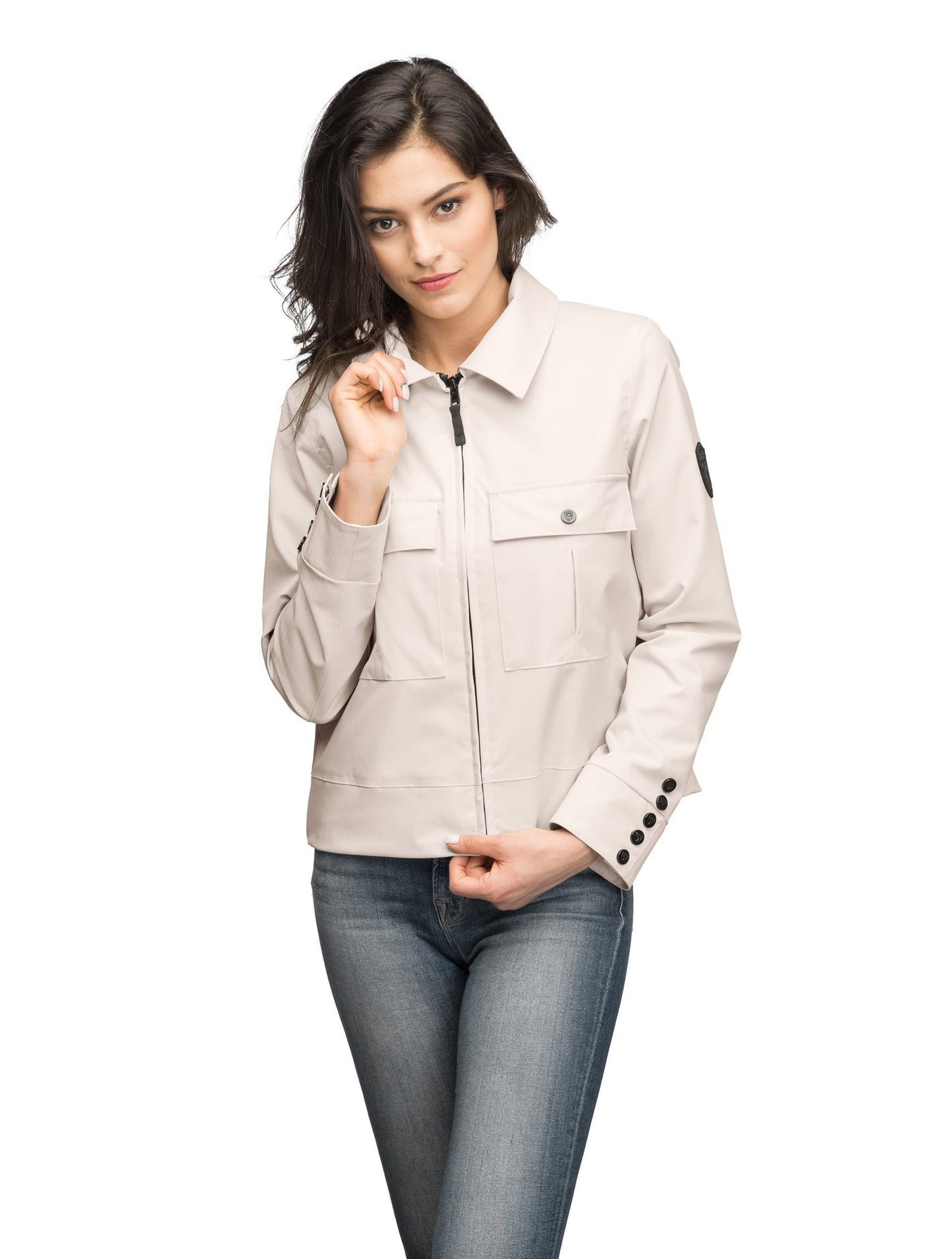 Women's cropped military inspired jacket with shirt collar detail in Camel