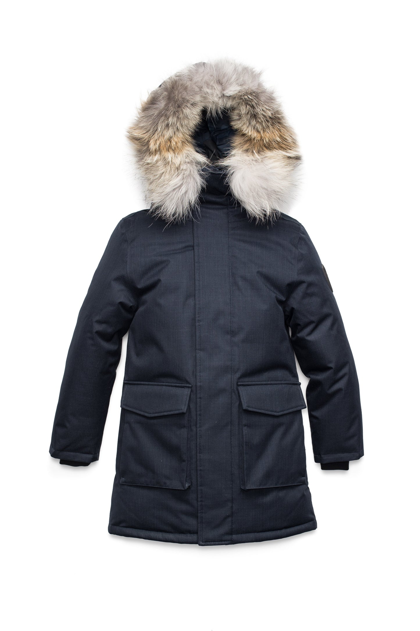 Kids' thigh length down-filled parka with non-removable hood and removable coyote fur trim in Navy
