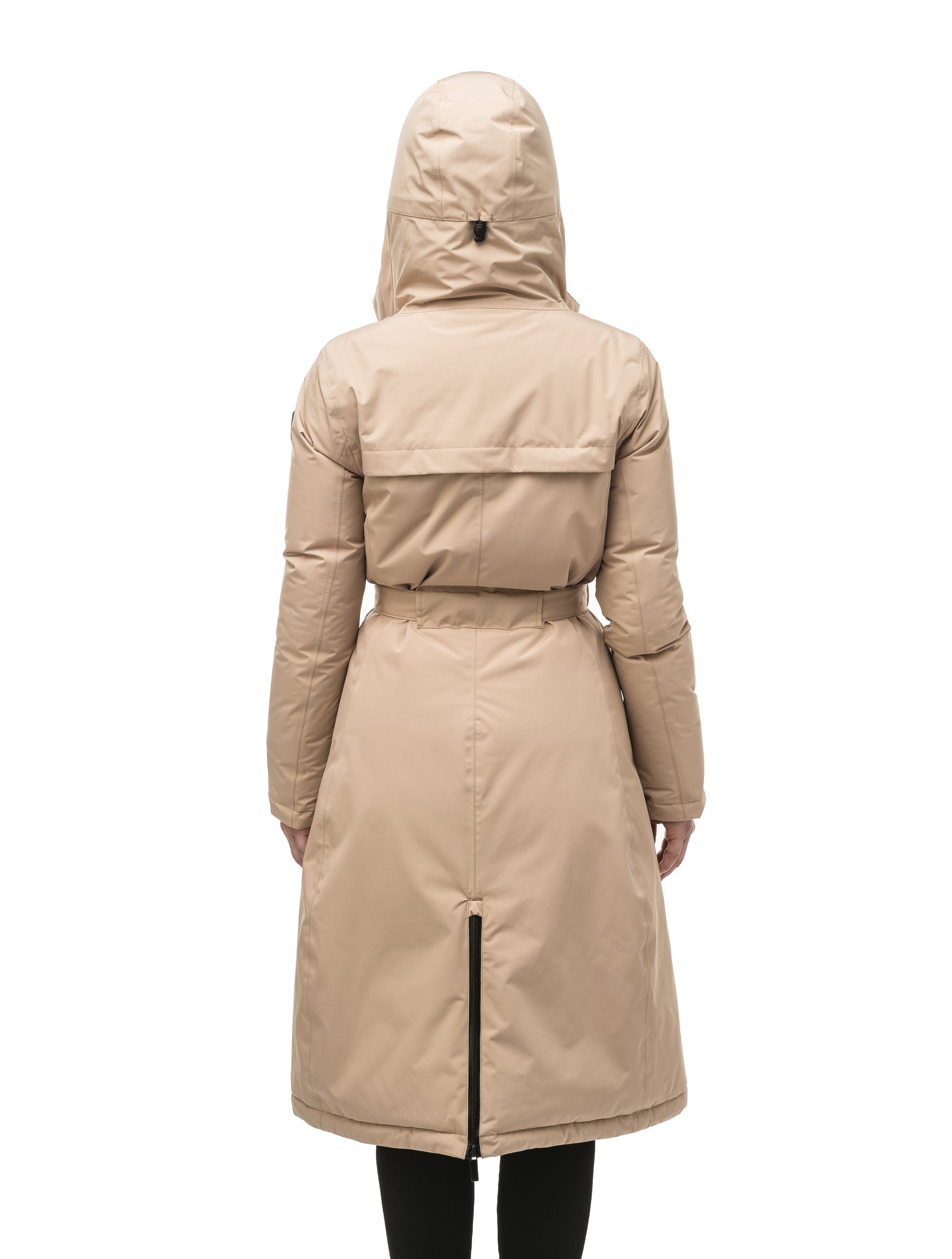 Long calf length hooded women's winter parka with an inner hip length closure, exterior hem length zipper and magentic placket in Fawn