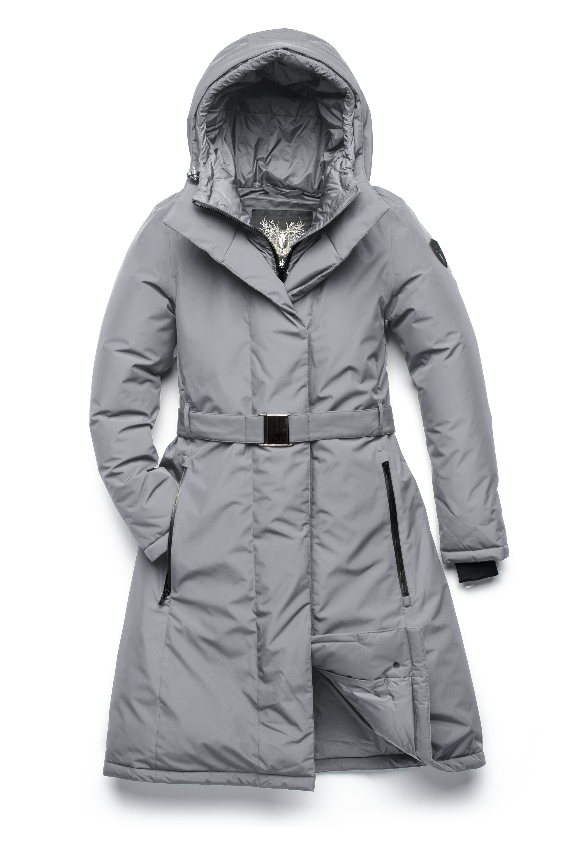 Long calf length hooded women's winter parka with an inner hip length closure, exterior hem length zipper and magentic placket in Concrete