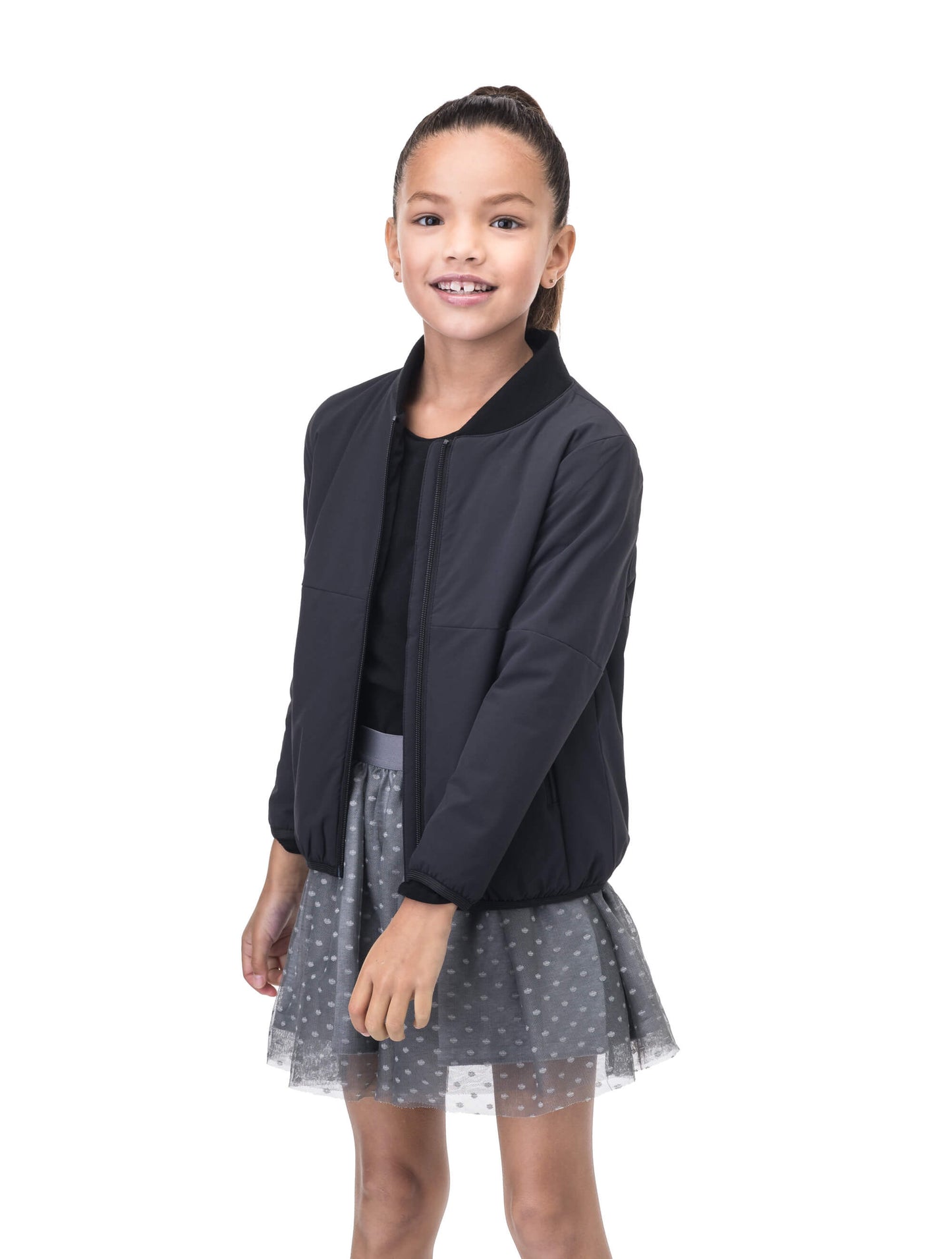 Little Ursa Kids Mid Layer Jacket in hip length, Primaloft Gold Insulation Active, ribbed collar, and two-way front zipper, in Black