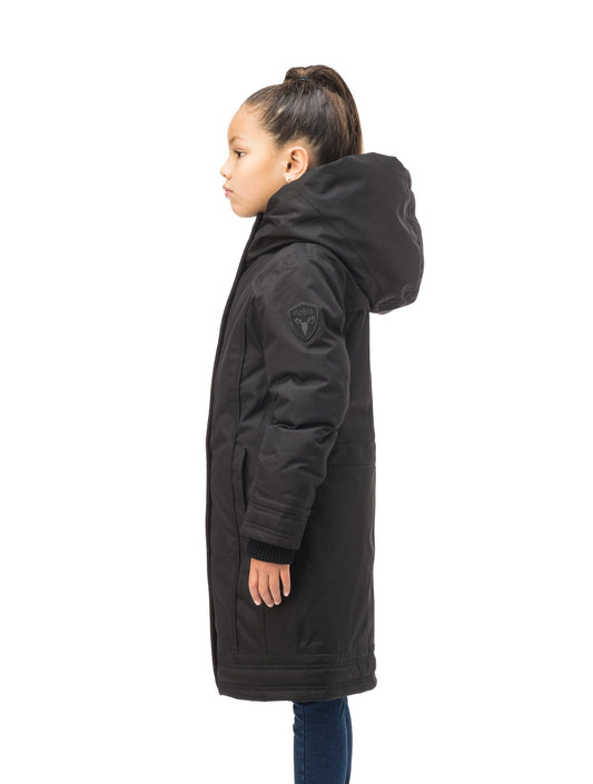 Kid's knee length down coat with fur free hood in Black