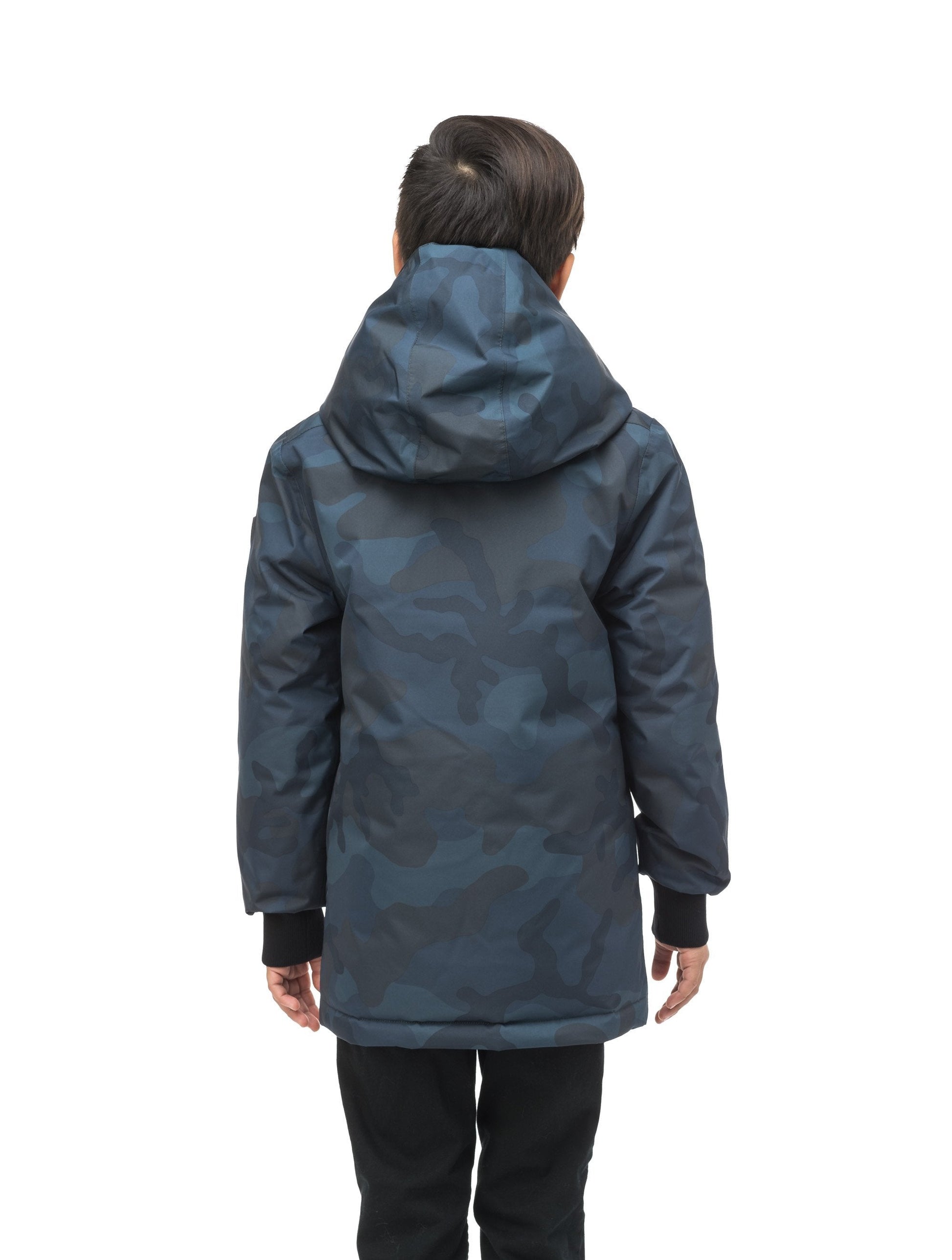 Kids' reversible knee length, down filled parka with waterproof finish in Navy Camo/Vermillion