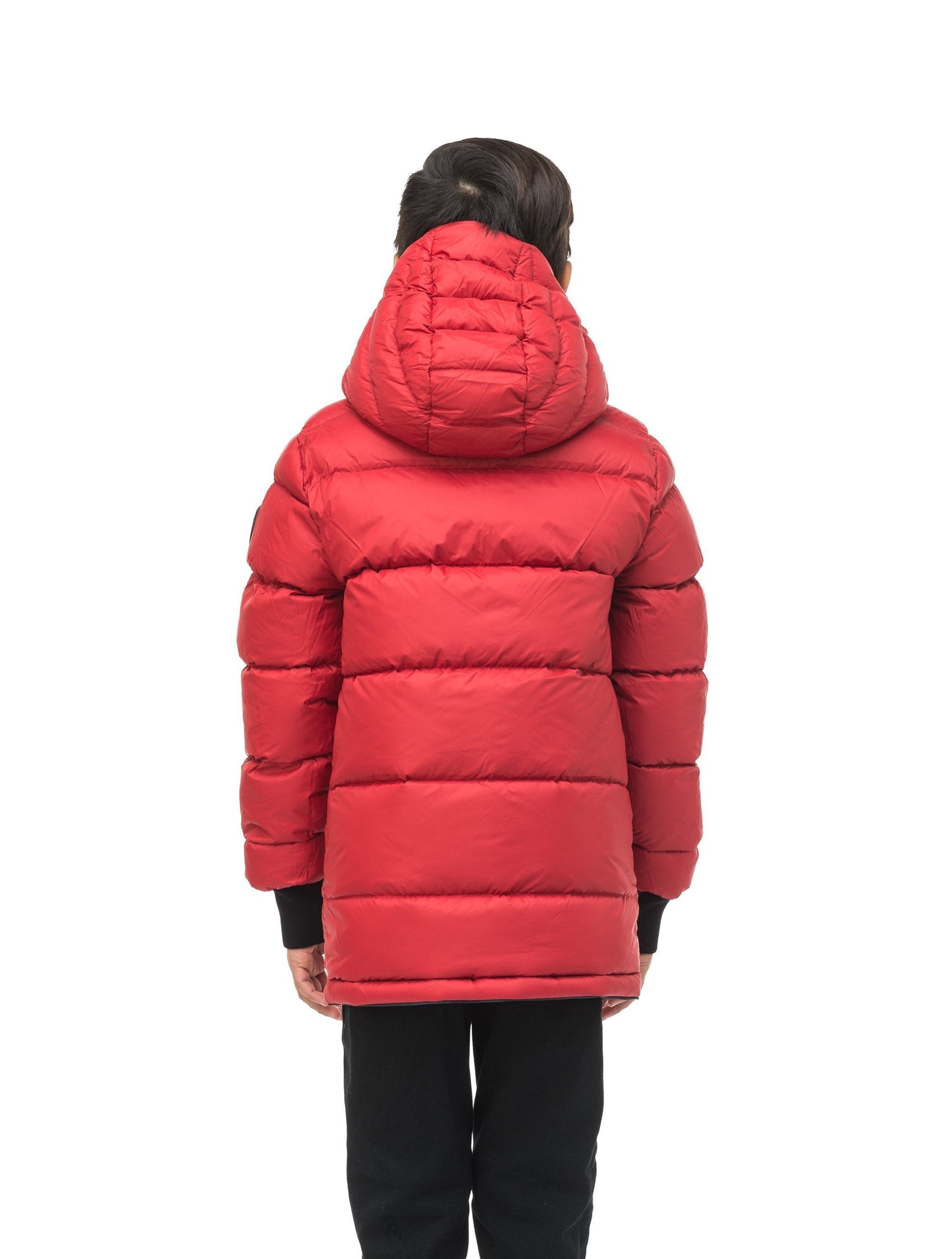 Kids' reversible knee length, down filled parka with waterproof finish in Navy Camo/Vermillion