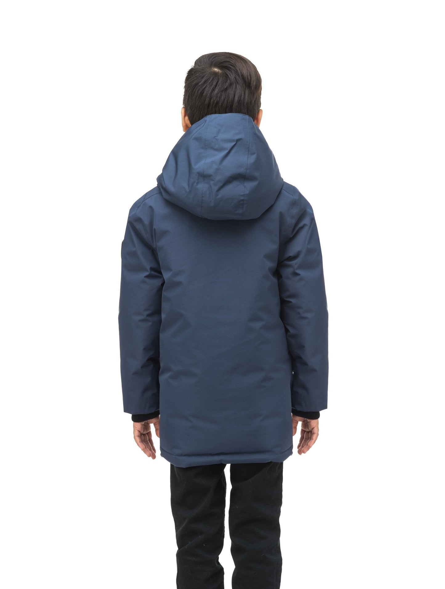 Kids' reversible knee length, down filled parka with waterproof finish in Marine/Citron