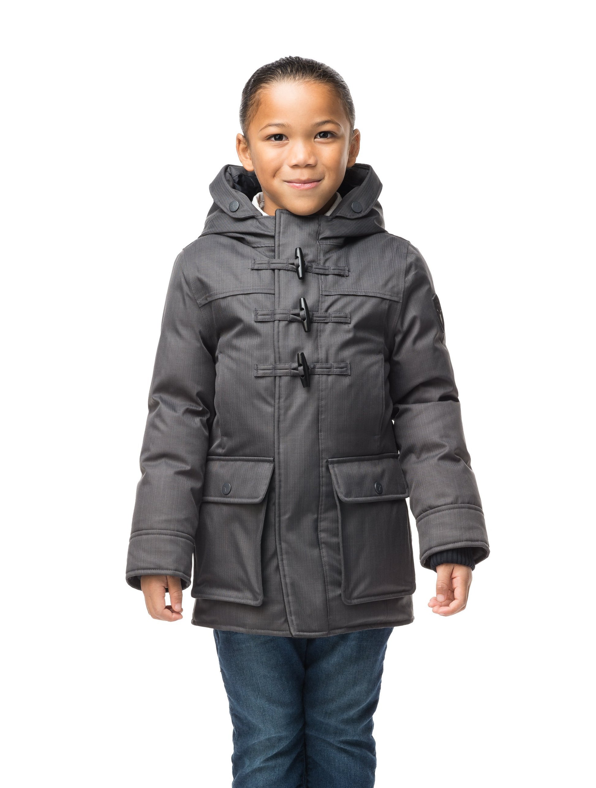 Kid's thigh high down coat with toggle closures in CH Steel Grey