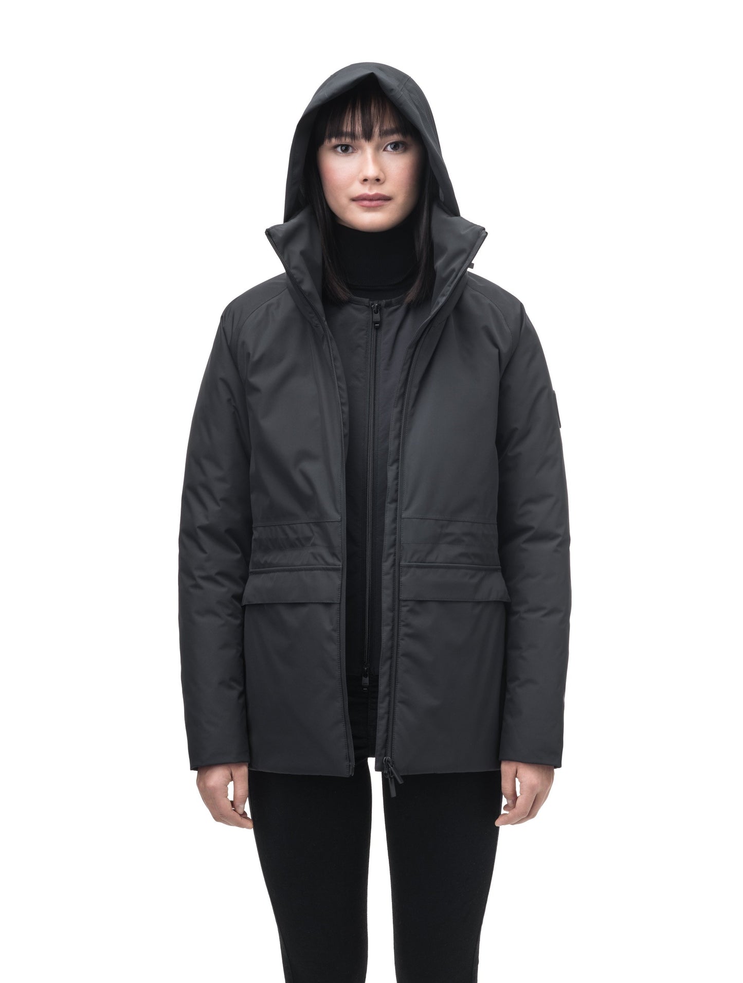 Litho Ladies Short Parka in hip length, Canadian duck down insulation, tuckable waterproof hood, and two-way zipper, in Black